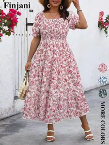 Plus Size Women's Floral Waist Cinched Long Dress, Square Neck Bubble Sleeve Design, Front Gathered, Summer Vacation