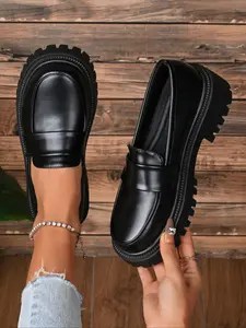 Women's British Style PU Leather Classic Mary Jane Shoes, Thick Sole Loafers for Spring & Fall, Casual Ankle-High Footwear