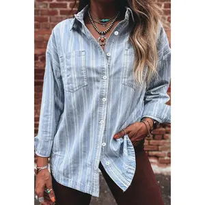 Sky Blue Stripe Boyfriend Chest Pocket Classic Denim Shacket