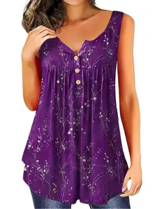 Women's Fashion Spring Summer Open Front Button Floral Print Top, Chest Pleated Casual T-Shirt Vest, Daily Wear