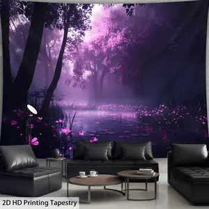 1pc Extra Large Fantasy Purple Forest Landscape Photo Tapestry, Polyester Aesthetic HD Print Wall Hanging, Living Room Bedroom Office Home Party Decor, No-Install Needed, Peach Skin Velvet Fabric, Flowers Pattern, Horizontal Orientation, Indoor Use