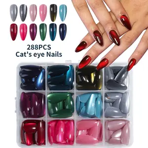 288pcs Autumn Winter New Year Almond Nail Set, 12 Colors Starry Cat Eye Combo, Full Coverage, Removable, Y2K Style, Suitable for Women Girls, Nail Kit Set, Glossy False Nails, Nail Art Design