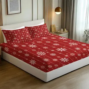 3Pcs Red Snowflake Fitted Sheet Set, Decorative Bedsheet Sets, Christmas Theme Design with Intricate White Snowflakes and Vertical Dotted Lines, Soft & Durable Bedding for Holiday Cheer and Cozy Winters, Perfect for Seasonal Decor., No Pillow Core
