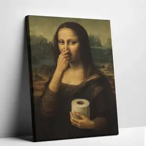 Humorous Mona Lisa Bathroom Wall Art (Unframed) - Waterproof Parody Canvas Print, Vintage Home Decor