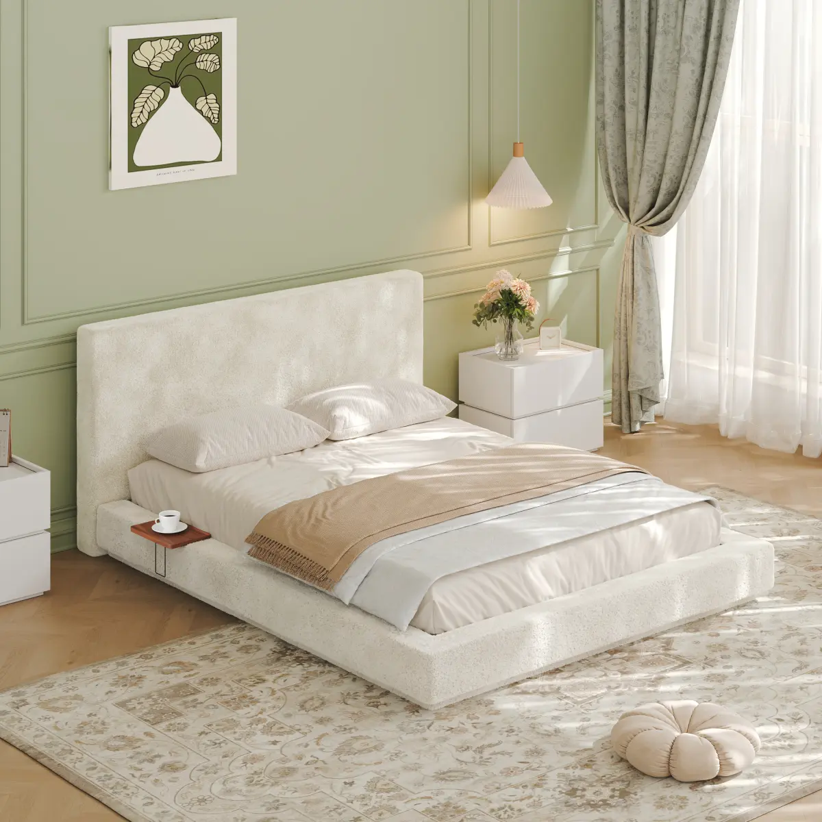 [Bellemave] Platform Bed| Upholstered Headboard| 2 Adjustable Sliding Side Table| Floor Bed Frame| Easy Assembly| No Box Spring Needed