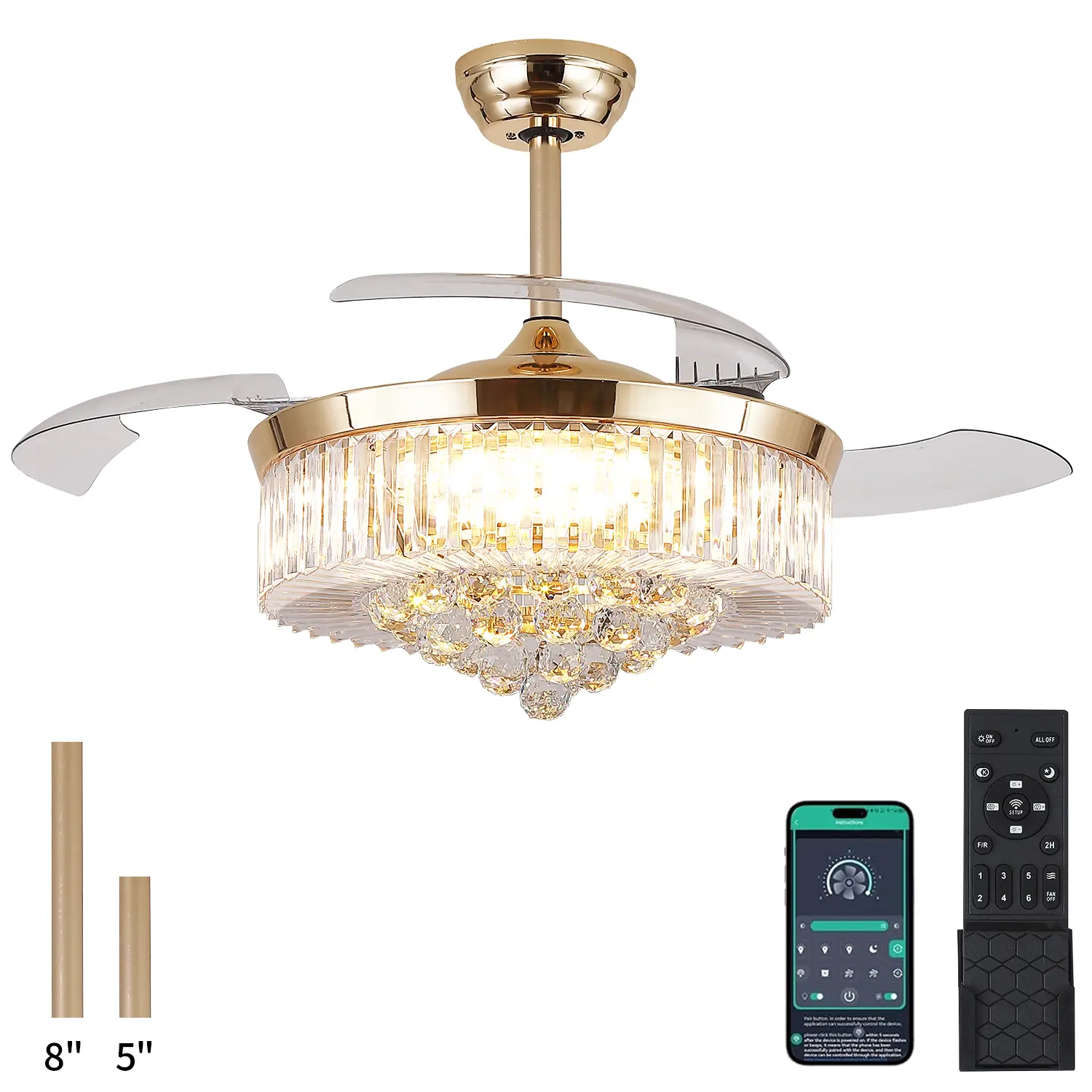 Kviflon 48'' Invisible Crystal Ceiling Fan with Light Retractable Blades DC Motor 6 Speeds 3CCT Remote Control Reversible Black/Gold -9019