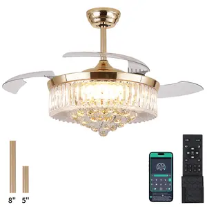 Kviflon 48'' Invisible Crystal Ceiling Fan with Light Retractable Blades DC Motor 6 Speeds 3CCT Remote Control Reversible Black/Gold -9019