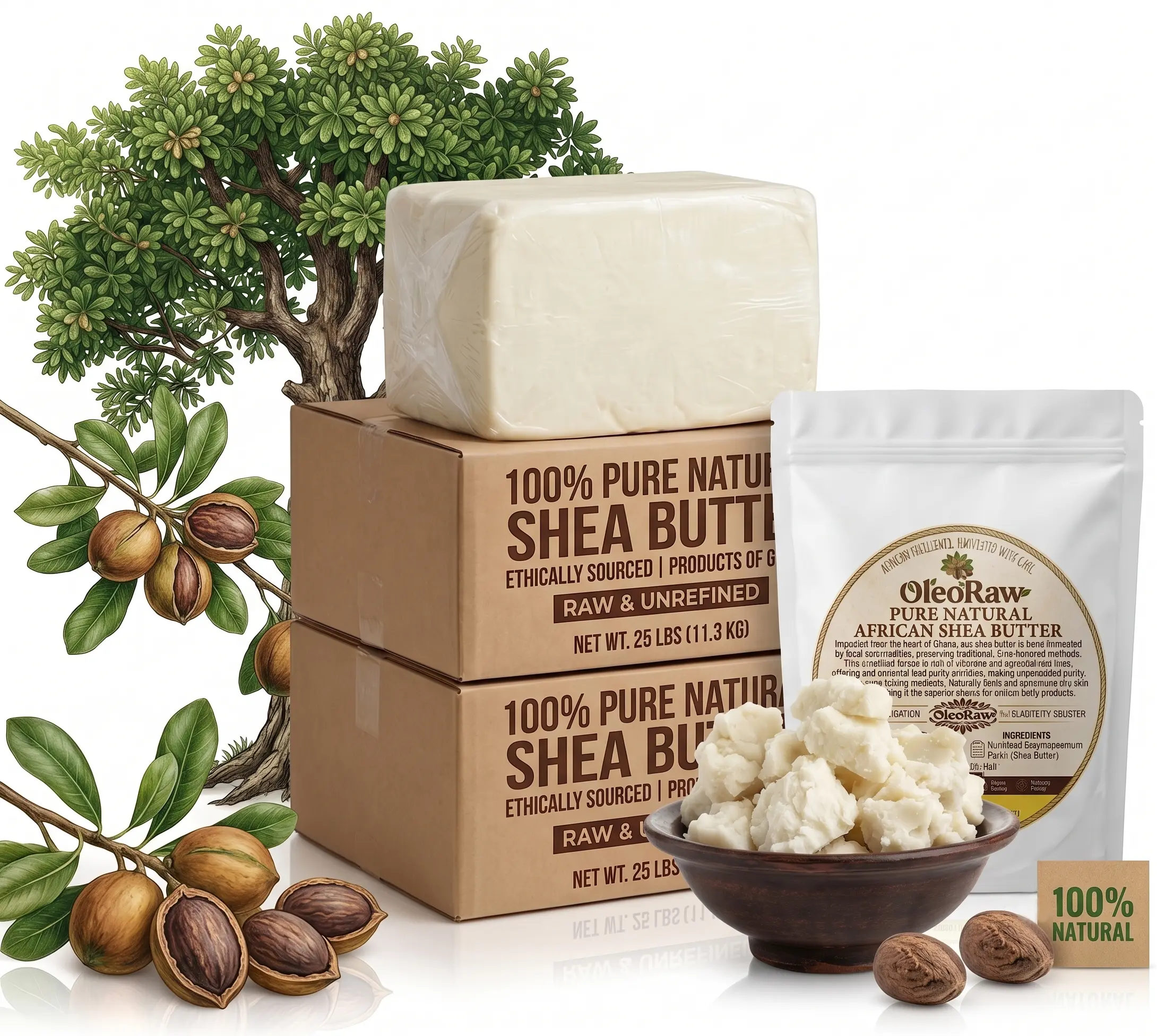 100% Unrefined Raw African Shea Butter Deep Hydrating Balm - Full Body Moisturizer for Daily Skin Hydration, Intensive Repair, Soothing Relief, Available in Jar/Bag