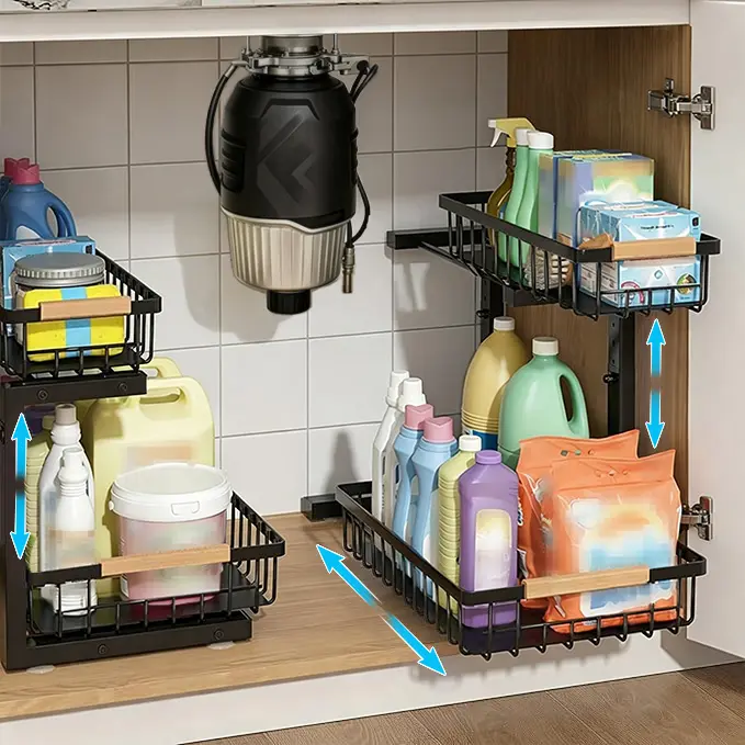 2 Tier Pull Out Sliding Drawers Space-Saving Storage Shelf Unit, Adjustable Under Sink Metal Organizer for Kitchen Bathroom Cleaning Supplies Household Essentials