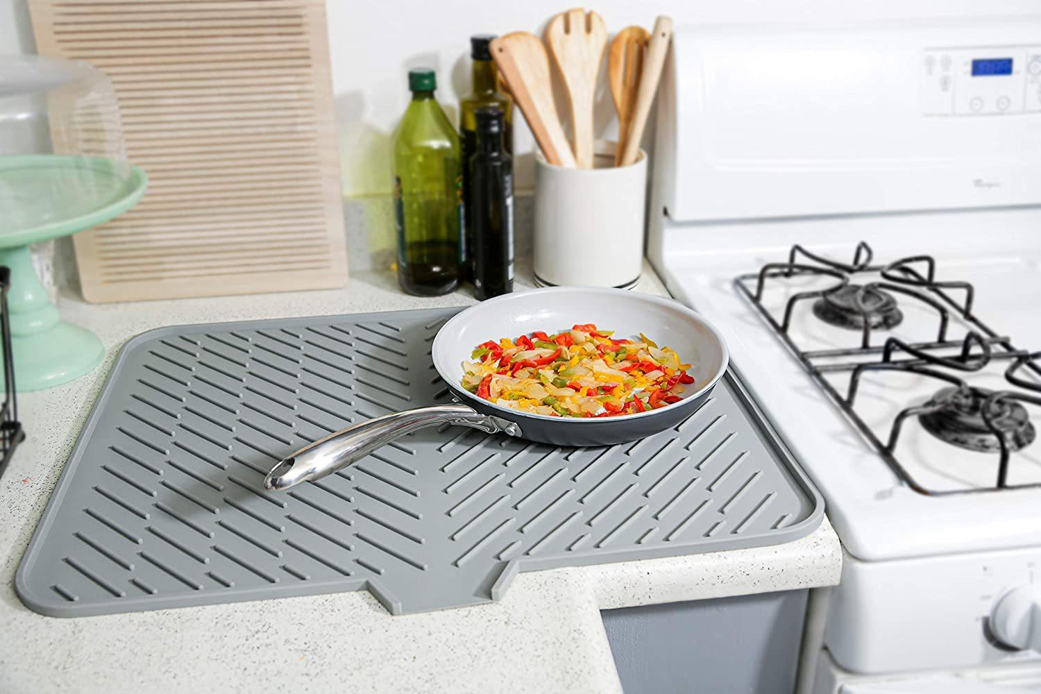 Silicone Drying Mat, 23"X17" With Built-in Drain Lip,Heat-Resistant,Eco-friendly,Hygienic Drying Pad,Leak-Proof and Non-Slip,Silicone Dish Drying Mat for Kitchen Counter or Sink（Gray 23X17）