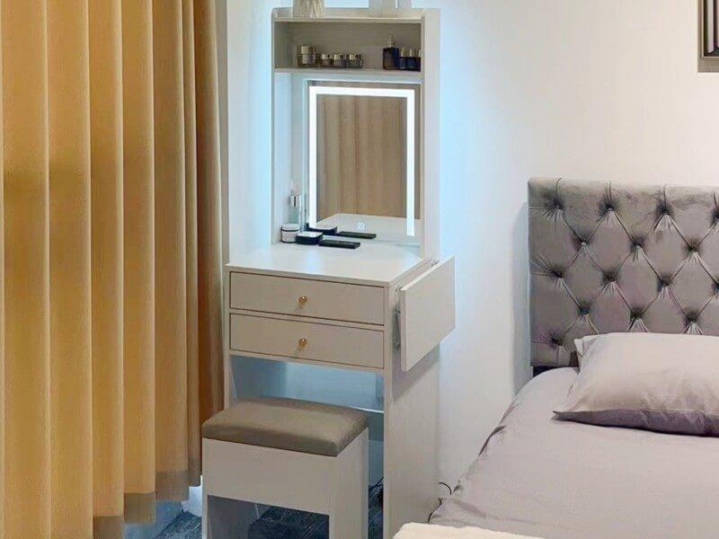 Small Vanity Desk Set with 3 Adjustable Lighted Mirror and Storage Chair IF018,  MDF panels