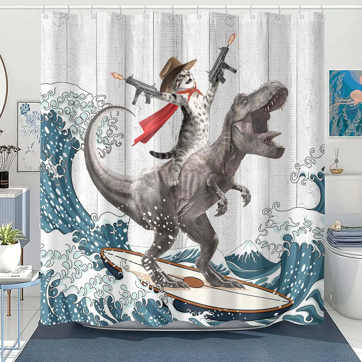 Funny Raccoon Dinosaur Shower Curtain Cat Lion Donkey Fun Cool Animal Japanese Ocean Wave Shower Curtains for Bathroom Kids Unique Waterproof Fabric Rustic Wooden Farmhouse Bath Curtain Decor 71 X 71 Inches Washable Decorative