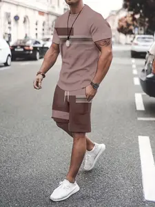 Men's Casual Two-Piece Set, Comfortable Round Neck Short Sleeve Tee + Drawstring Waist Shorts, Breathable Streetwear