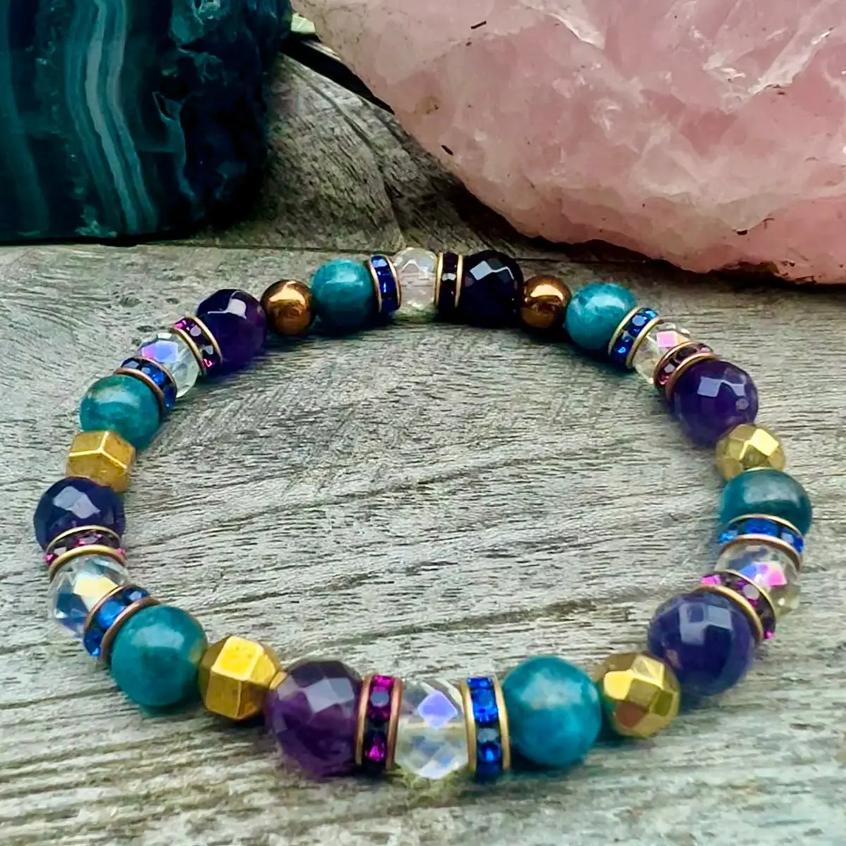 Gemstone Bracelet Amethyst, Blue Apatite, Rainbow Aura Quartz, Gold Hematite