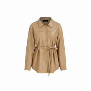 Cider Faux Leather Collar Shacket With Belt