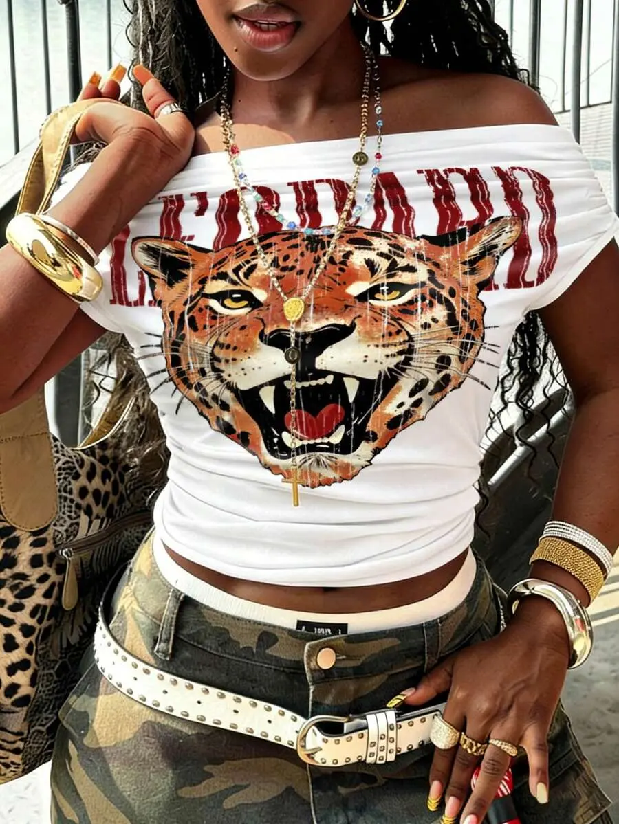 Women's Off Shoulder Ruched Tight Short Sleeve T-Shirt, Graphic Leopard Print White Summer Streetwear Rave, Cool Girl Party Clothes