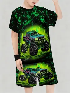 Boys' 3D Dinosaur Print T-Shirt, Graphic Tee, Colorful Splatter Design, Round Neck, Short Sleeve Casual Tee, Suitable for Teens, Summer & Spring