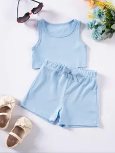 Toddler Girl's Solid Tank Top & Drawstring Waist Shorts Set, Cute Casual Round Neck Sleeveless Top & Bow Shorts Essentials Set, Summer Outfits Clothes for Kids, Summer Gift Set