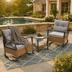 3pcs Grey ARCH Outdoor Rattan Rocking Chair Set, Wholesale Leisure Outdoor Furniture Set Patio Conversation Set Lounge,summervibes