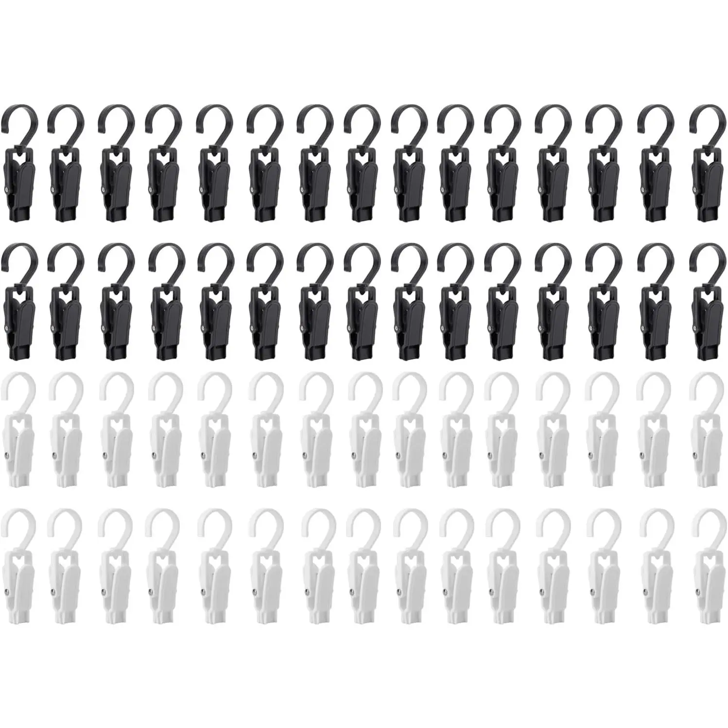 60 Pack Laundry Hooks Clip, 4.3" Super  Plastic Swivel Hanging Clothes Pins Curtain Clips, 360?Rotating Family Travel Hook for Drying Clothes Hat Towel Sock Gloves, Black and White