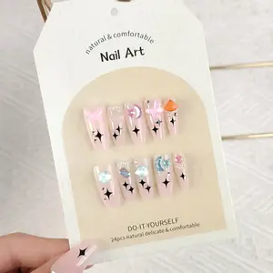 Monkey-themed nail art press-on nails, 24-piece colorful starry sky wearable nail stickers, handmade phototherapy press-on nails, Summer Nails Press on Nails Colorful French Tip False Nails Acrylic Nails for Women