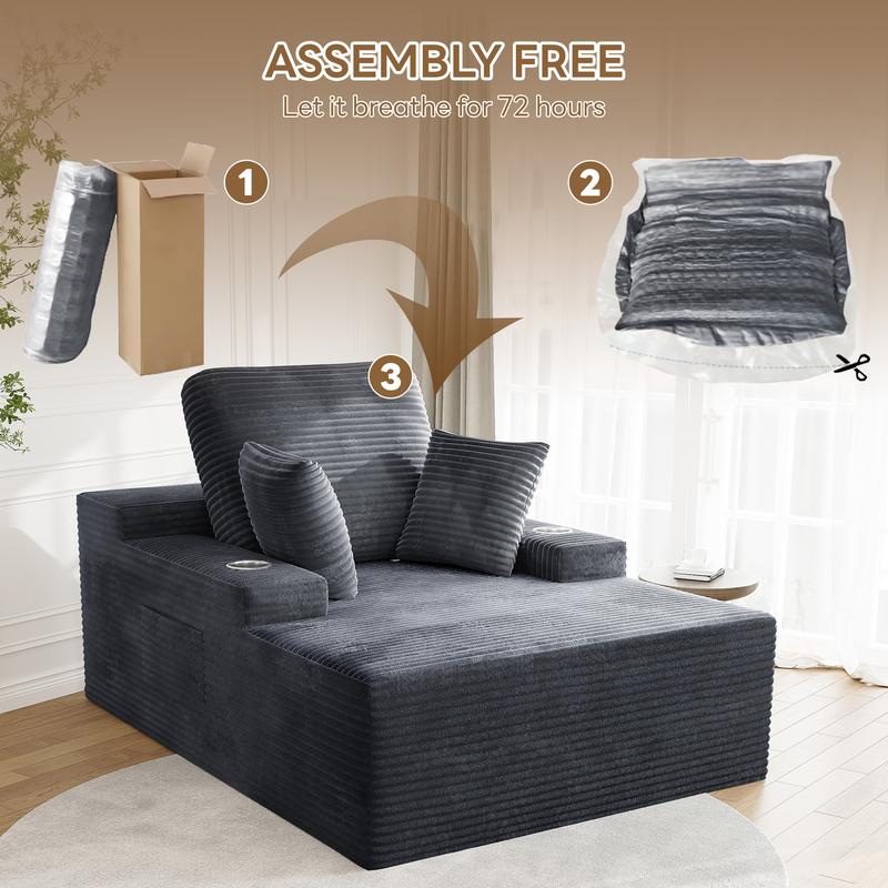 49" Oversized Chaise Lounge Sofa Bed with 2 Cup Holders & Storage Pocket - Plush Corduroy Upholstered, No Assembly Cloud Couch for Living Room, Bedroom, or Reading Nook 49" Oversized Chaise Lounge Sofa Bed with 2 Cup Holders & Storage Pocket - Plush Corduroy Upholstered, No Assembly Cloud Couch for Living Room, Bedroom, or Reading Nook