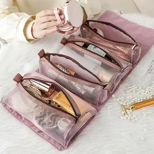 2PACK portable 4-in-1 Hanging Travel Toiletry Bag & Makeup Organizer - Eco-Friendly Polyester Roll-Up Cosmetic Bag with 4 Detachable Clear Zipper Pouches & Hook - Large Capacity