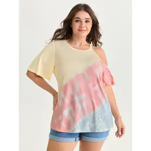 BLOOMCHIC Women's Plus-Size Lady's Casual Round Neck Short-Sleeve Cut-Out Shoulder T-Shirt - Supersoft Spandex Fabric Multicolor Gradient 2026 Summer Fit Garment Pick for Mother's Day 2026 Summer Vibes Swimweek