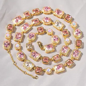 Set 2pcs 18K Gold Vacuum Plated Copper with 5A+ Sri Lanka Zircon 10mm Pink Necklace&Bracelet set Miami Italy Mexico & Micro Inspired for Women & Men Luxury Jewelry,Daily Wear,Casual Fashion,Gift Idea,,Classic,Hip Hop,Simple,Sporty Style