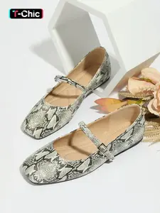 Women's Retro Snake Print Flat Mary Jane Shoes, Metal Buckle Slip-On Ballet Flats, Comfortable Low Heel Summer Shoes, Casual Flats, Fashion Flat Shoes