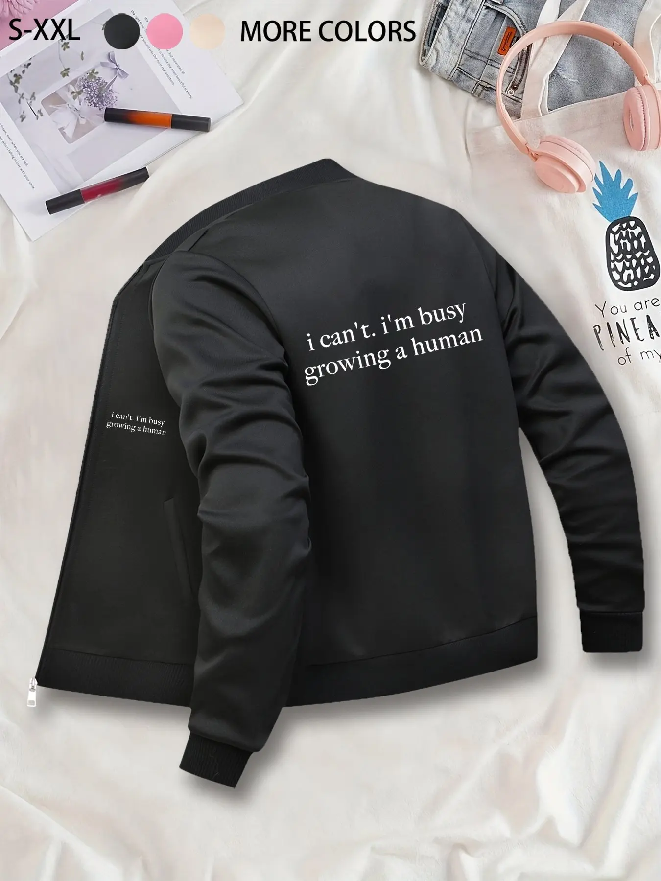 Casual Fashion Pregnant Women Fun Text Print Baseball Jacket Daily Outdoor Activities Jacket Lightweight Comfortable, Suitable for Daily Wear and Outdoor Activities