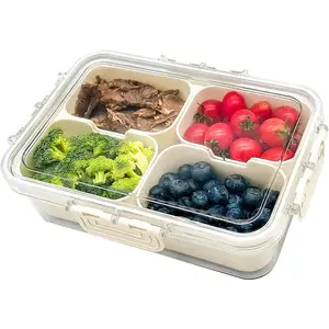 Snackle Box Container, Dishwasher Safe Snack Box for Adult, 4 compartments Plastic Divided Serving Tray with Lid and Handle for Candy, Fruits, Snacks, Nuts, Small,1 Pack