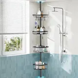 4 Tier Adjustable Corner Shower Caddy – Stainless Steel Rustproof Bathroom Organizer, No-Drill Tension Pole (47-121 Inch), Heavy-Duty Shelves & Hooks for Shampoo, Loofah, Bathtub Shampoo Storage – Quick Assembly, Black Rack