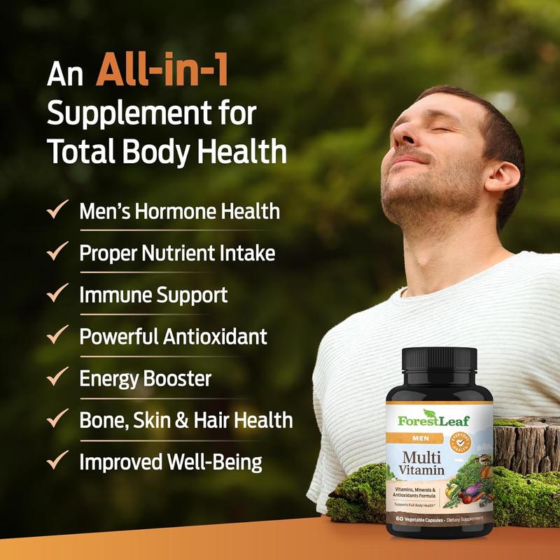 ForestLeaf Daily Vitamin Multivitamin for Men, Multi-Vitamin for Men - Mens Multivitamins & Multiminerals Supplement | All Essential Vitamins Needed for Health, Longevity & Energy | 60 Veg Caps