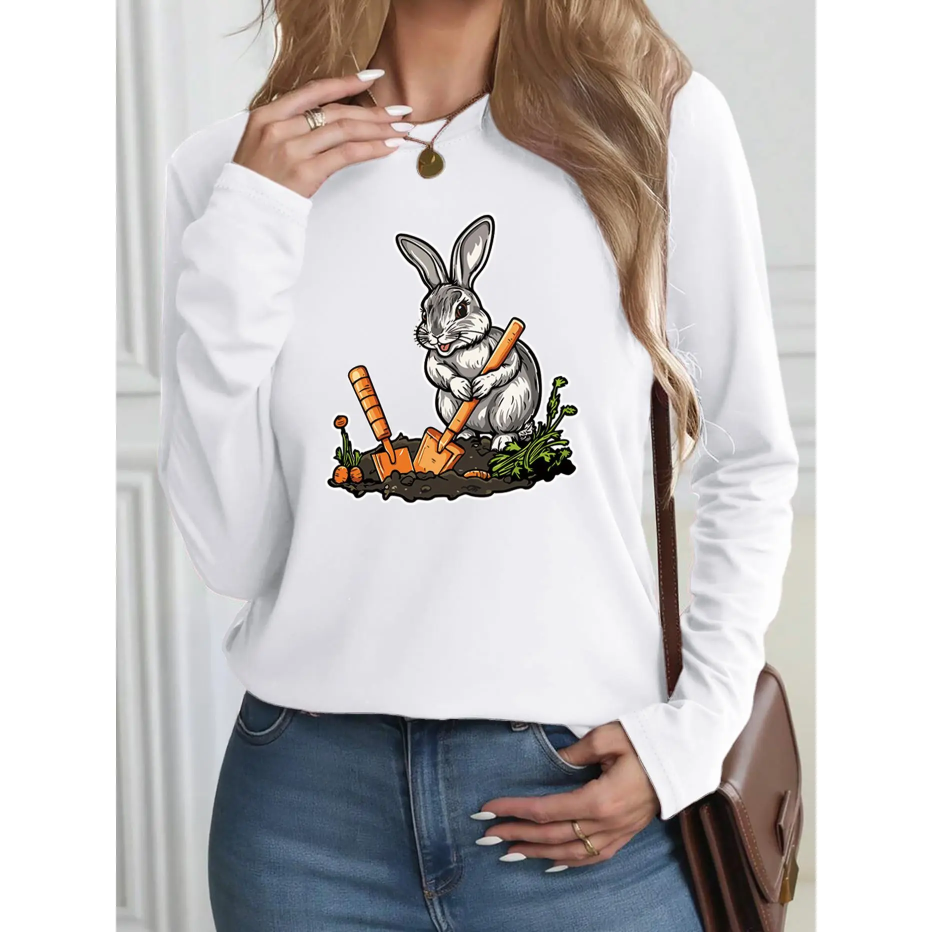 2026 Popular Women's Long-Sleeved Round Neck T-Shirt - Small Rabbit Digging Radish Print, Fitted Cut, Casual Wear, Vacation Tops, Comfortable, Spring & Summer, Machine Washable, Street Versatile, Size S, Long Sleeves, Pure Cotton, Rabbit Print, Soft Fabri