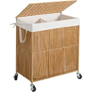 Laundry Hamper with Wheels, Handwoven Rolling Laundry Basket with Lid, Clothes Hamper with Divided Removable Liner Bag, 115L Large Capacity Laundry Sorter Laundry Room Organization, Natural