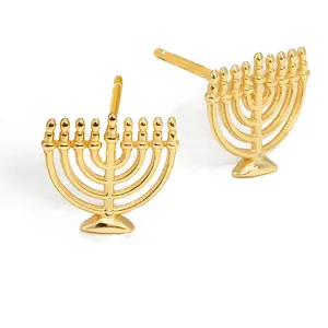 SONIA HOU Menorah Stud Earrings in 18K Gold Over Sterling Silver - Dainty Small Holiday Hanukkah Festive Accessory S925 For Women Fine Jewelry