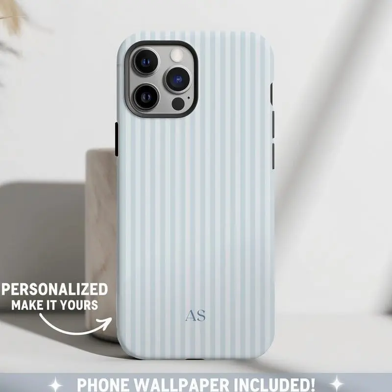 Personalized Blue Phone Case Custom Monogram Phone Case Aesthetic Striped Phone Case Summer Coastal Phone Case Preppy Phonecase Blue Beachy