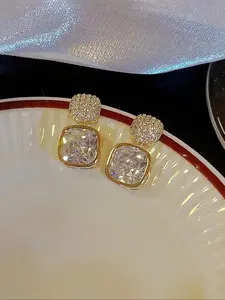 1 Pair Rhinestone Zircon Square Earrings, Unique Women's Daily Jewelry, Fashionable Studs for Everyday Wear, Elegant Accessory