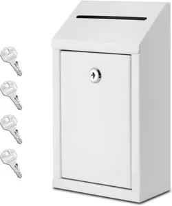 Metal Donation Box with Lock, Wall Mounted, Suggestion Box with 4 Iron , White,  Drop Box with Slot, 1-Pack