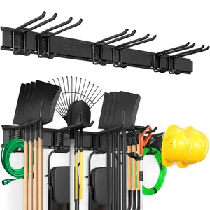 Father's Day Gift VEVOR Garage Tool Organizer, 800 lbs Max Load Capacity, Wall Mount Yard Garden Storage Rack Organization Heavy Duty with 6 Adjustable Hooks and 3 Rails, for Garden Tools, Shovels, Trimmers