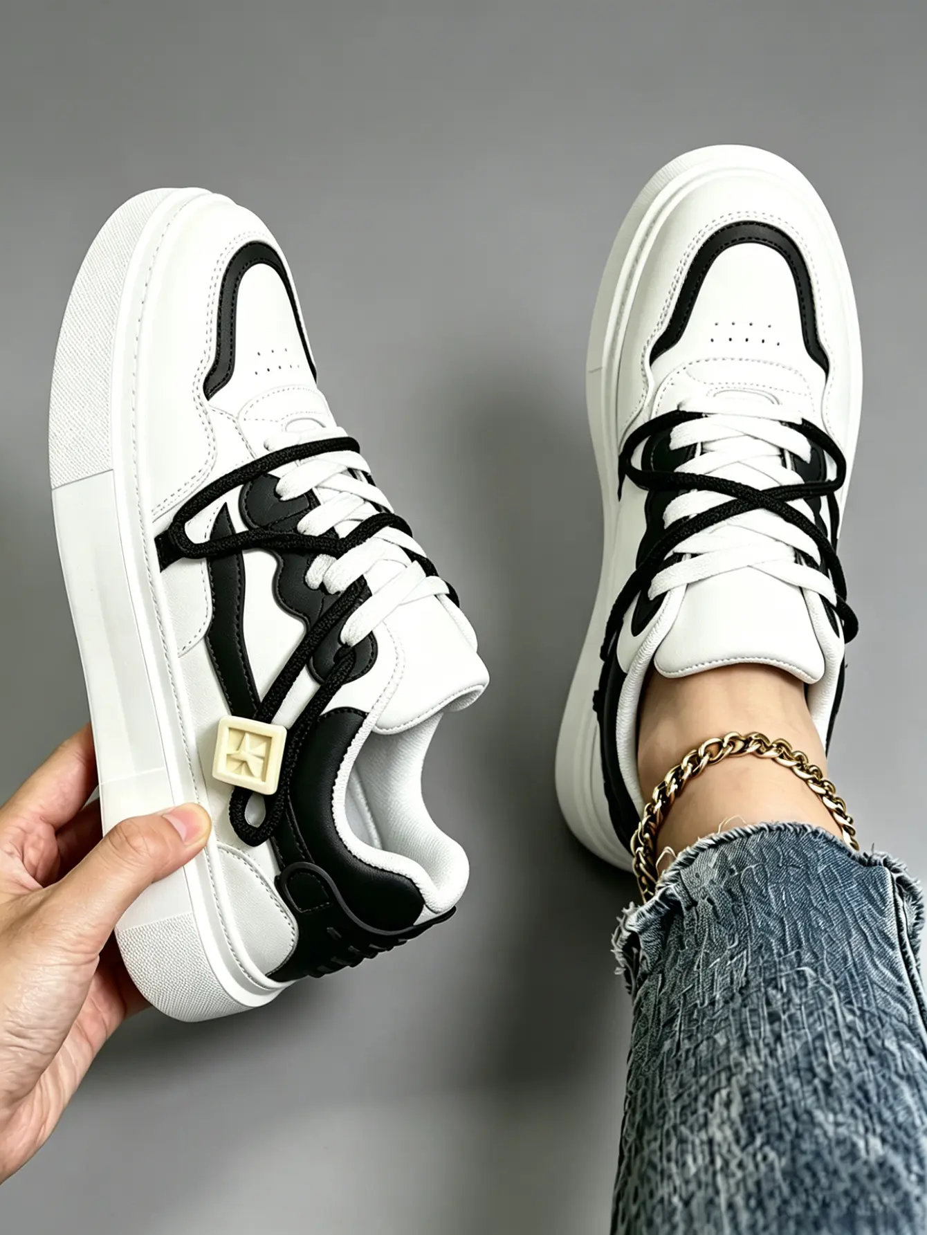 Women’s Dual Laces Square Star Buckle Platform Skate Sneakers, Black White Panda Color Block Trendy Streetwear Casual Walking Shoes