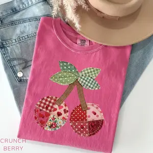 Printed Comfort Colors Cherry Printed T-Shirt, Patchwork Quilted Farmhouse Cherry Tee, Rustic Gingham Floral Cottagecore Aesthetic, Vintage Print Shirt, Mama Gift
