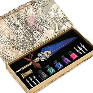 Quill Pen Ink Set Iludes 5 Bottles of Ink and 6 Replaceable Stainless Steel Nibs, 1 Gear Quill Pen, Calligraphy Pen Set for Writing, Letter Writing, Signature Invitations (Blue)