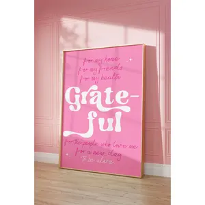 GRATEFUL, Gratitude Daily Reminders Poster No Frame , Self Care Poster, Self Love Print, Pink Positivity Poster, Aesthetic Room Decor, Gratitude Wall Art