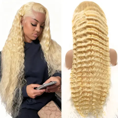 Women's 613 Blonde Deep Wave Lace Frontal Human Hair Wig - 13x6 HD Transparent Lace, Pre-Plucked Baby Hair, Natural Hairline, Beginner-Friendly, Sohochic, Curly Wig, Lace Frontal Human Hair Wigs