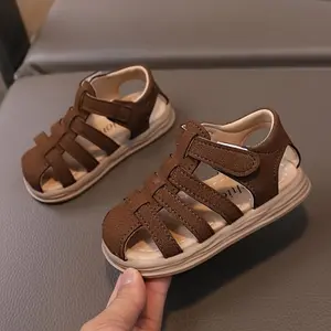 Vintage Minimalist Low Top Round Toe Fabric Upper Casual Hiking Outdoor Solid Color Sole PU Insole Fastener Closure Baby Boy Girl Sandals Summer Outings Toddler Kids