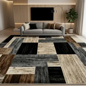 RUGIXE Machine Washable Modern Patchwork Area Rug 8x10 5x8 4x6 ft, Black Brown Wood Grain Geometric Soft Velvet Low Pile Rug with TPR Non Slip Backing, Comfortable Durable Wear Resistant Floor Carpet for Living Room Bedroom Office