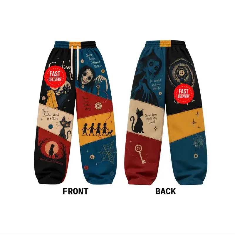 Button Eye Other World Patchwork Loose Sweatpants | Spooky Fantasy Graphic Wide Leg Jogger Pants | Black Cat Key Streetwear