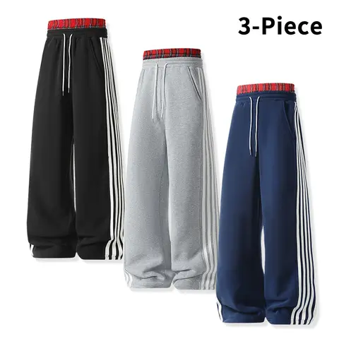 Men’s 3-piece set of baggy wide-leg sweatpants, plaid faux-layered waistband, side stripes, casual sweatpants, autumn streetwear loose trousers for young men
